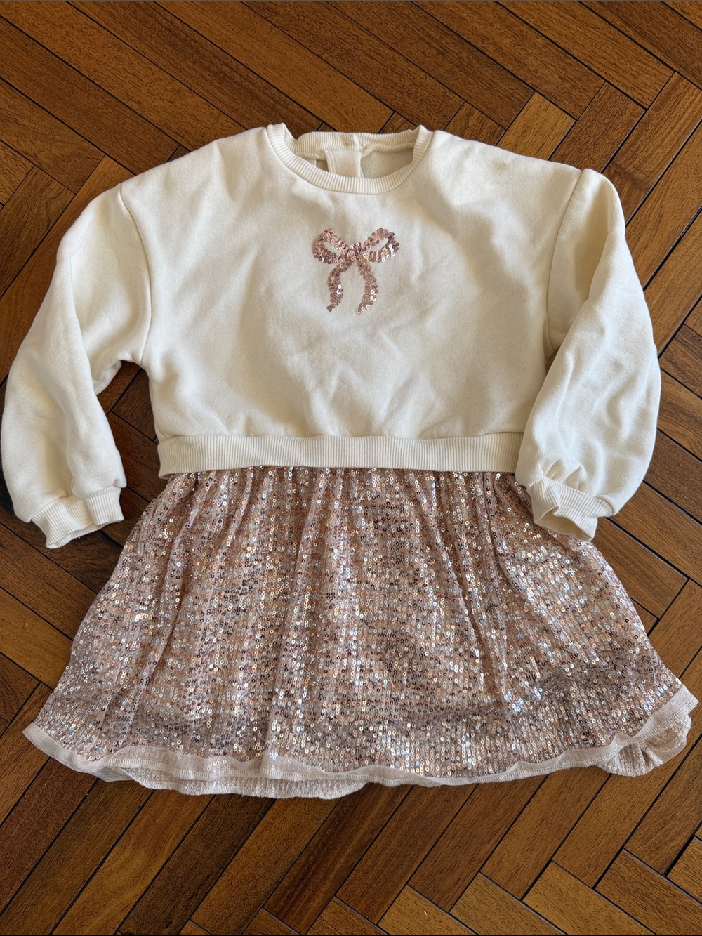 Girls Cream Sweatshirt Dress with Pink Sequin Skirt and Bow
